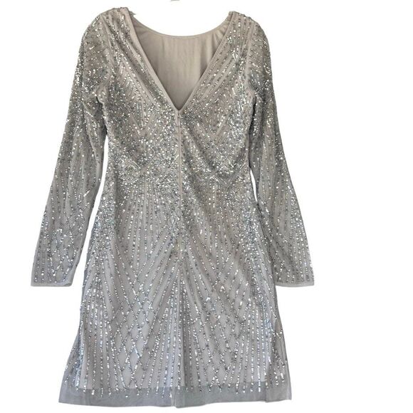 Aidan Mattox Gray Silver Sequin Mini Dress Long Sleeve Boat V Neck Women Size 8 - Picture 5 of 10
